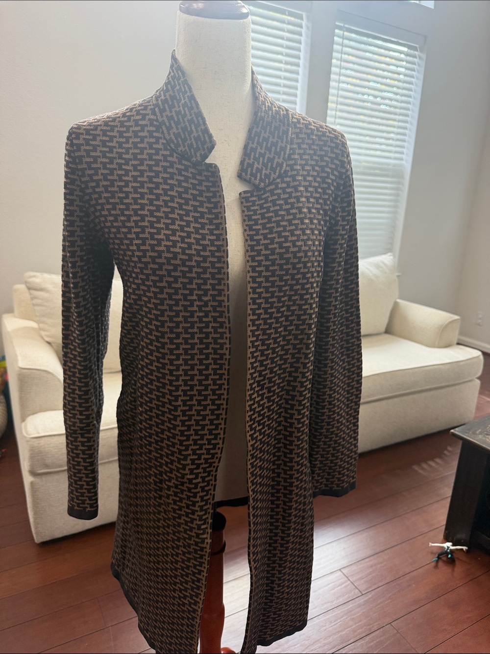 Ann Taylor Brown & Black Patterned Open-Front Long Cardigan